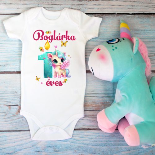 Unikornisos–pillangós baba body – 100 % pamut, szülinapi fotó body
