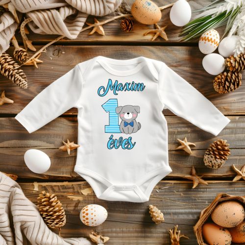 Kutyusos szülinapi baba body – 100 % pamut, egyedi fotózási body